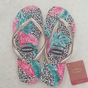 Havaianas pink green tropical leopard flip flops